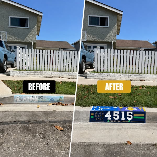 Before and after of Gregory's painted curb number 4515