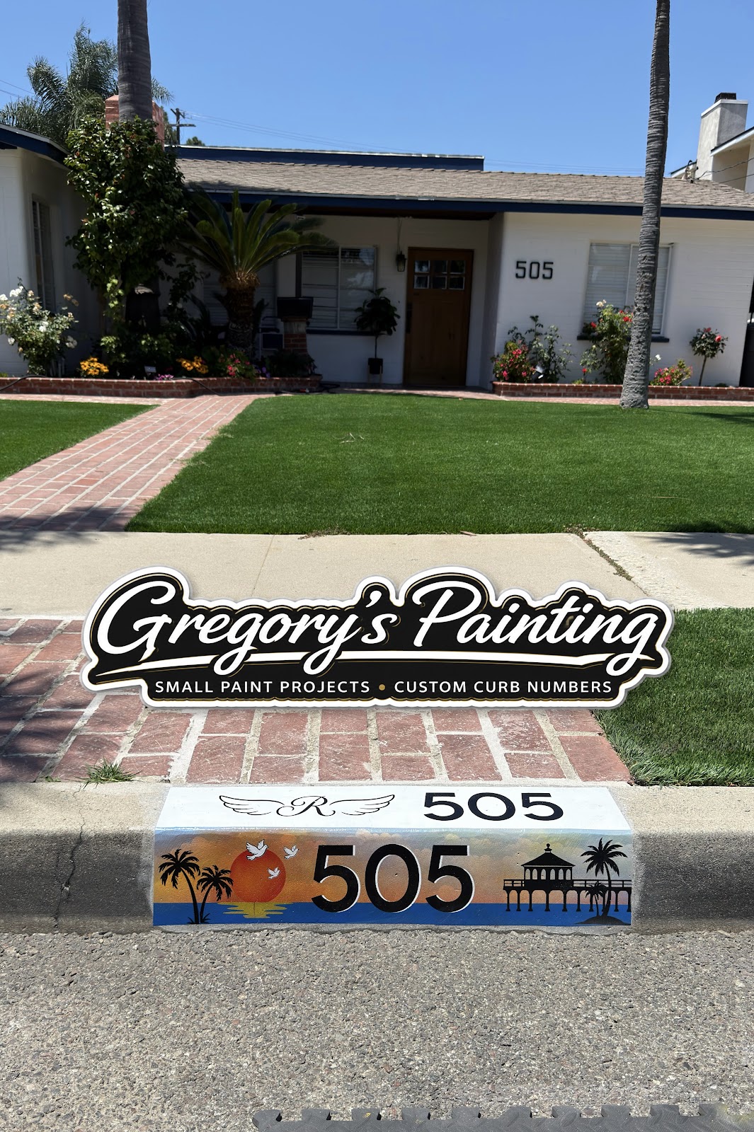 Custom curb number 505 with a sunset and pier design